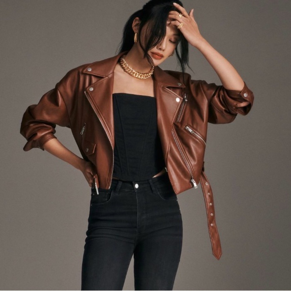 Avec Les Filles Brown Faux Leather Cropped Jacket Sz S